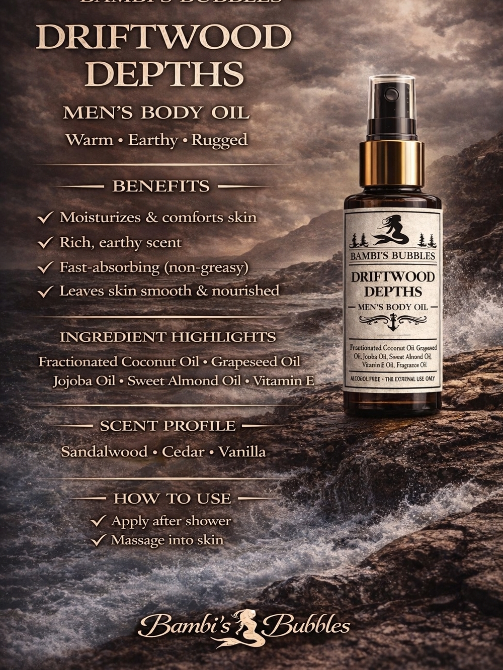 Driftwood Depths Hand Crafted Men's Body Oil 2oz- Warm Earthy Scent